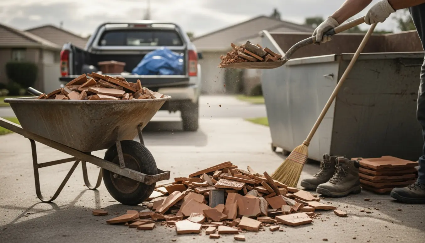Brudte terracottafliser læsses i container på indkørsel klar til bortkørsel.