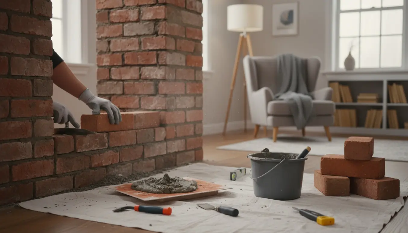 Nærbillede af murerarbejde i en nedlagt pejs med frisk mørtel og et hyggeligt læsehjørne i baggrunden.