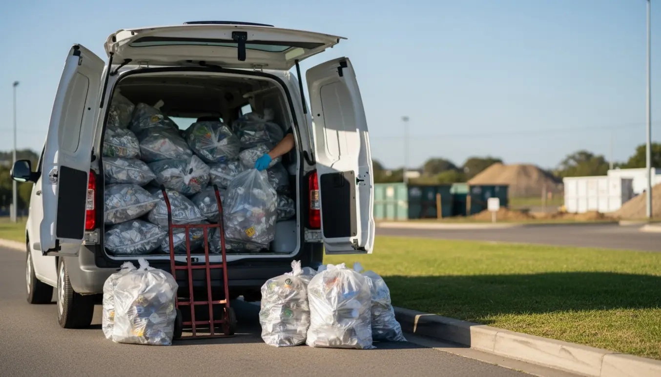 Åben varevogn ved vejkanten med stablede sække fyldt med blød plast og aluminiumsposer klar til aflevering.