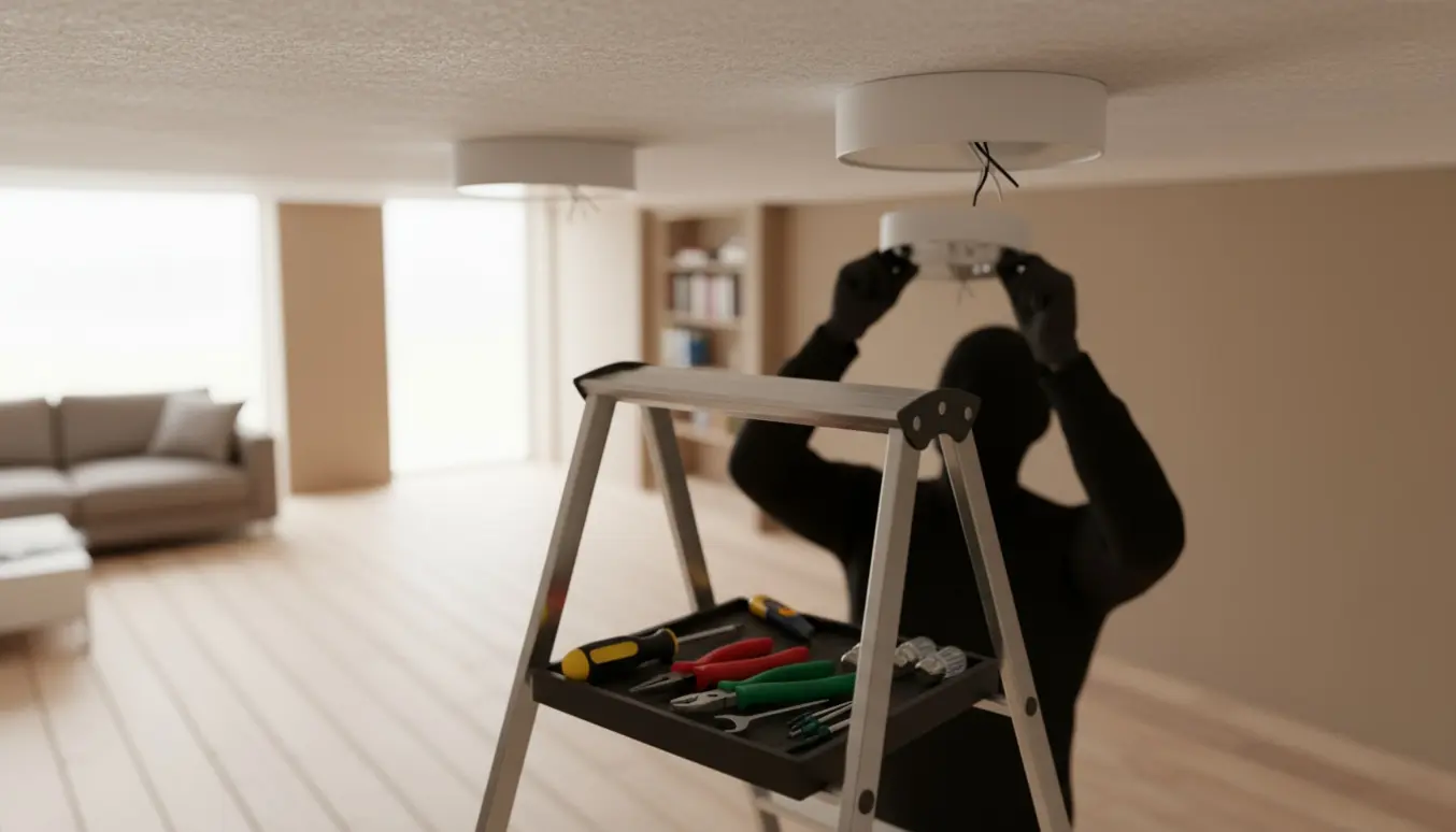 Hænder monterer to loftlamper i et rum med lavt loft.