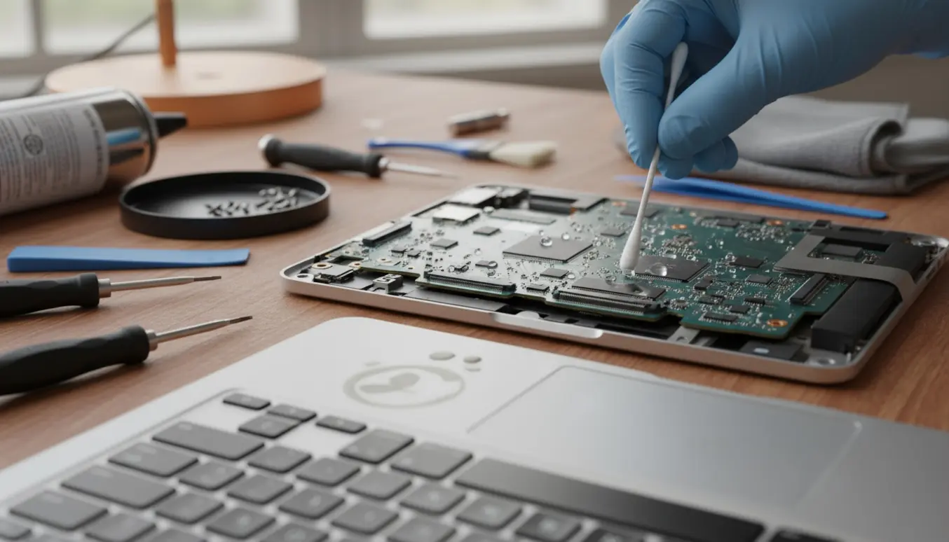 Tekniker uden synligt ansigt renser væskeskader på en åben 13-tommer MacBook Pro ved et ryddeligt reparationsbord.