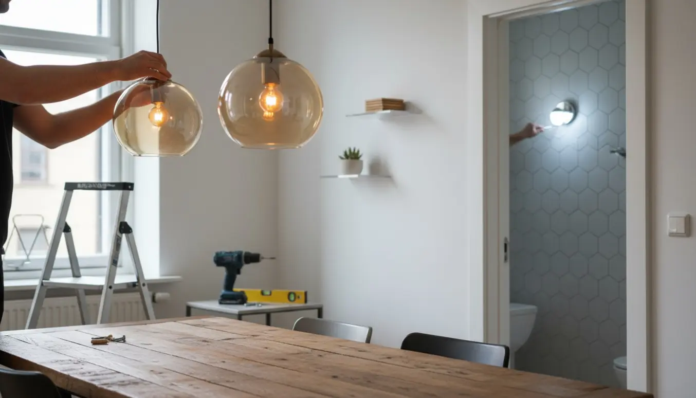 Hænder monterer to pendler over spisebord, plexiglasreoler i stuen og en væglampe i badeværelset.