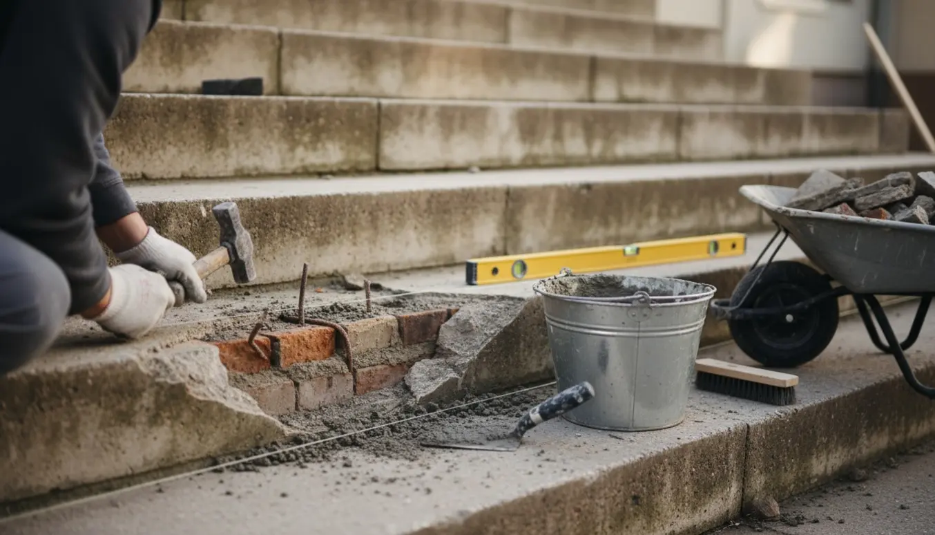 Nærbillede af murer, der reparerer en fugtskadet hovedtrappe med flækket beton, mørtelspand og værktøj.