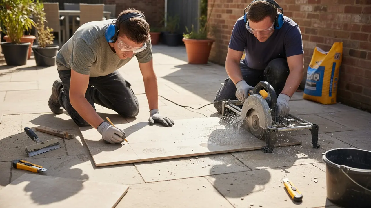 Person markerer og skærer en udendørs flise med sikkert udstyr ved en terrasse.