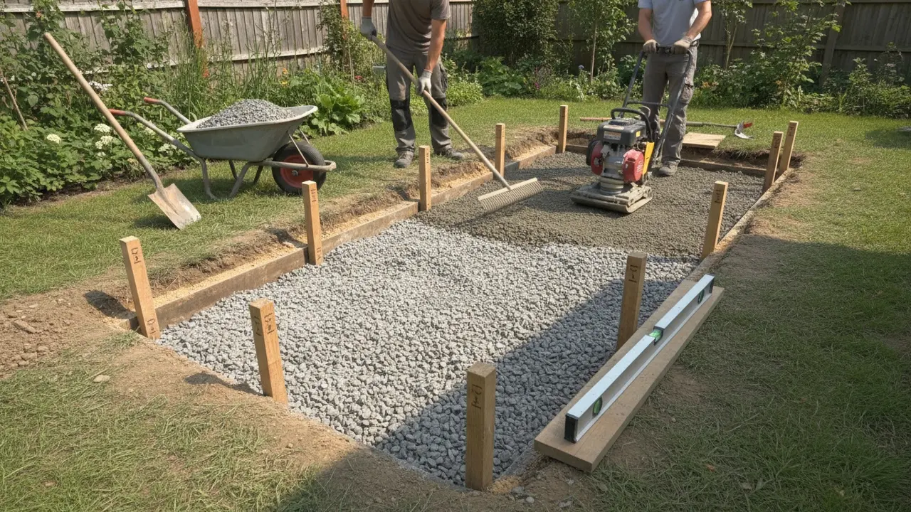 Forberedelse af underlag med udgravning, gruslag og pladevibrator klar til komprimering.