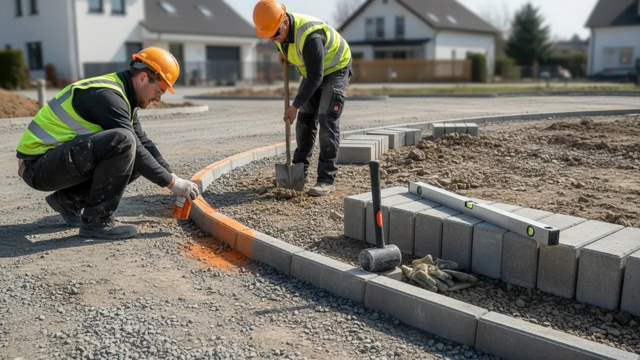 Markeret linje med snor og spray, gravet grøft og kantsten klar til placering.