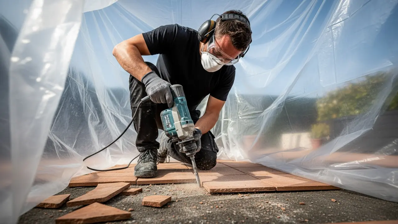 Arbejder fjerner fliser med borehammer iført beskyttelsesudstyr og afdækning mod støv.