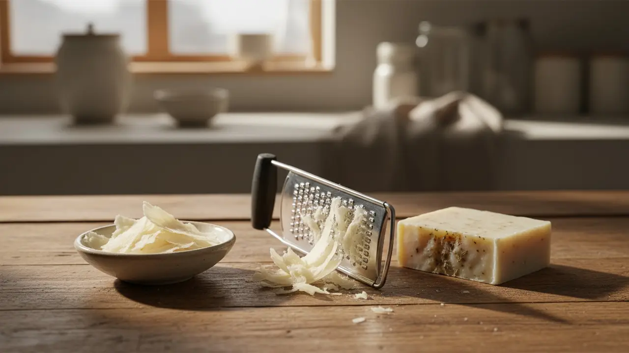 Skål med sæbespåner, sæbestang og rivejern på et træbord