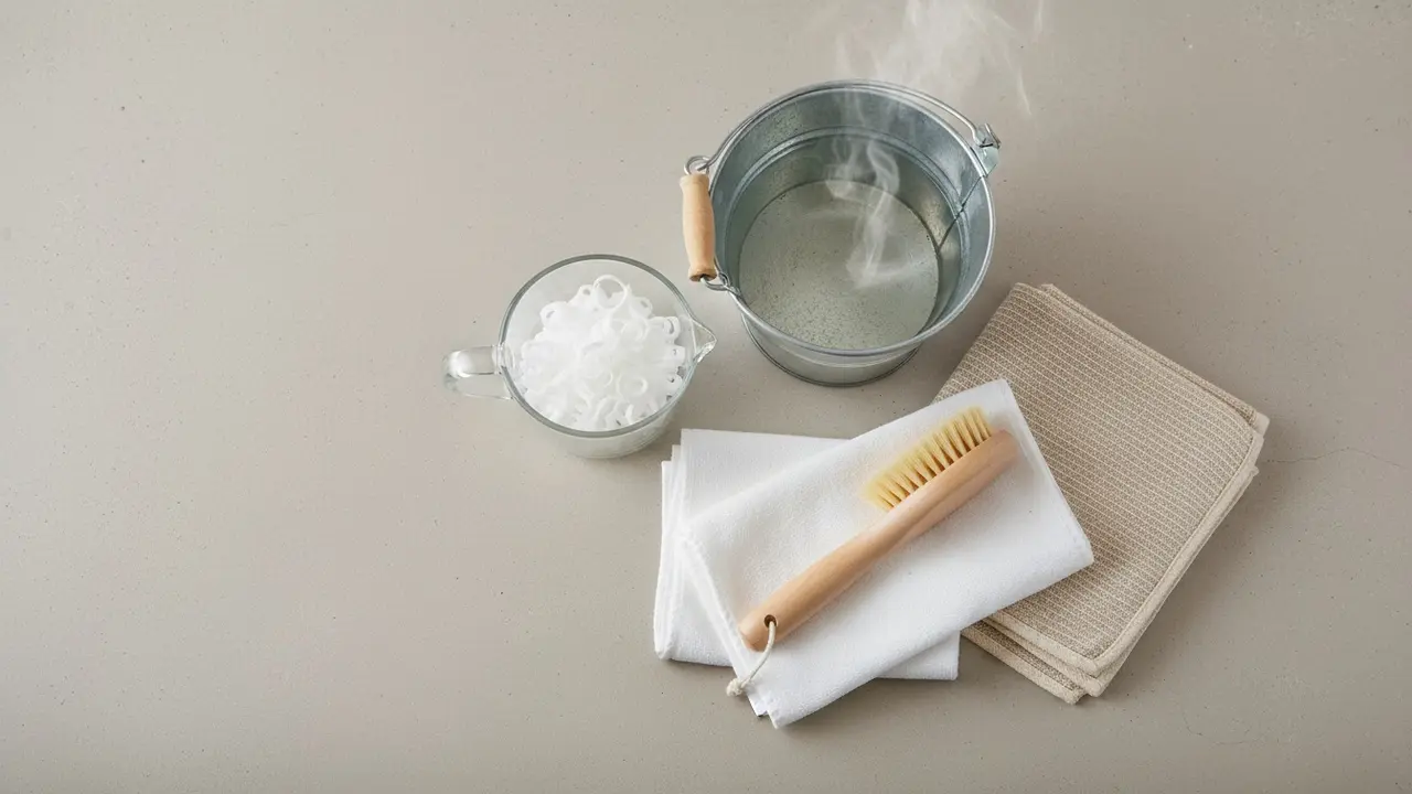 Udstyr til rengøring: spand, sæbespåner, klude, blød børste og tørreklæder