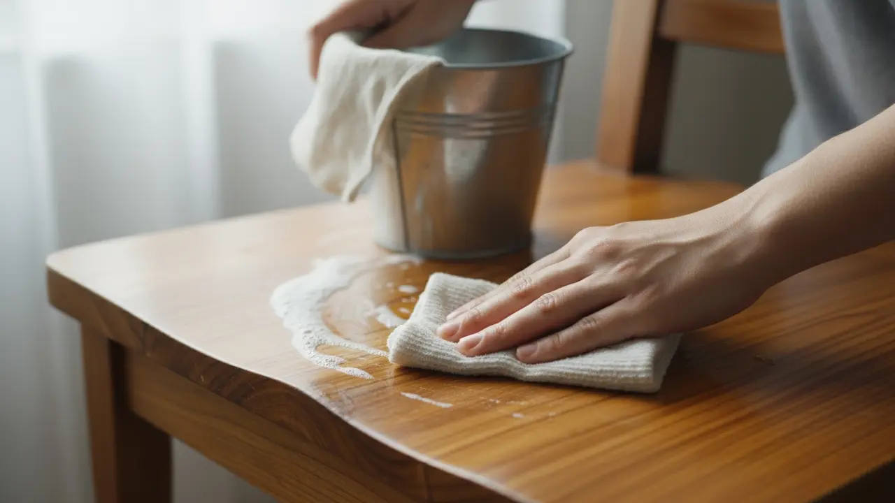 Hænder dypper klud i sæbeblanding og tørrer træoverflade i træets årer