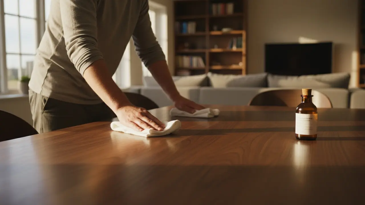 Person tørrer og buffrer et træbord med tørreklæde, olie i baggrunden