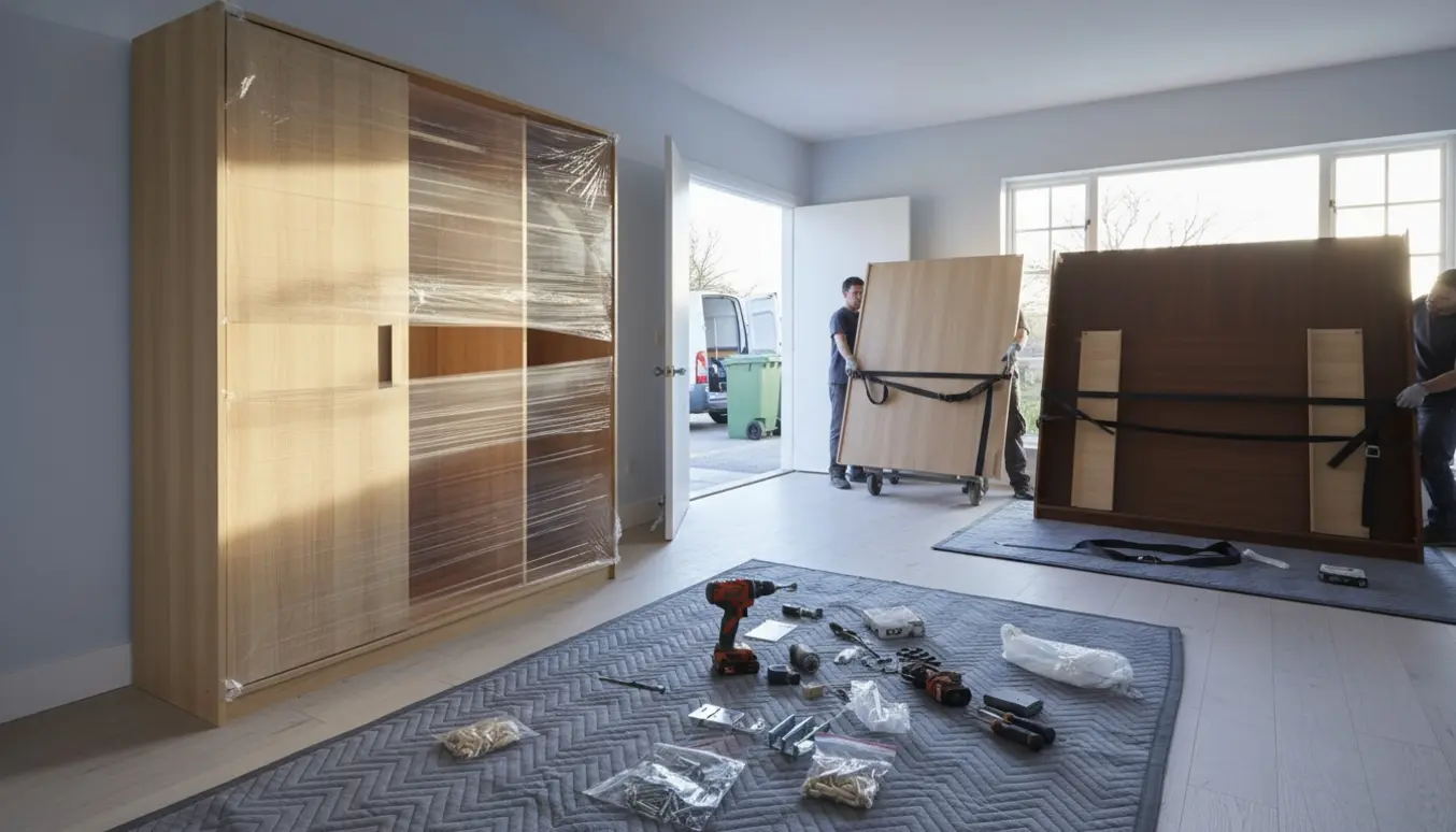 Nyt garderobeskab samles i et lyst soveværelse, mens et gammelt skab pakkes og læsses til bortkørsel.