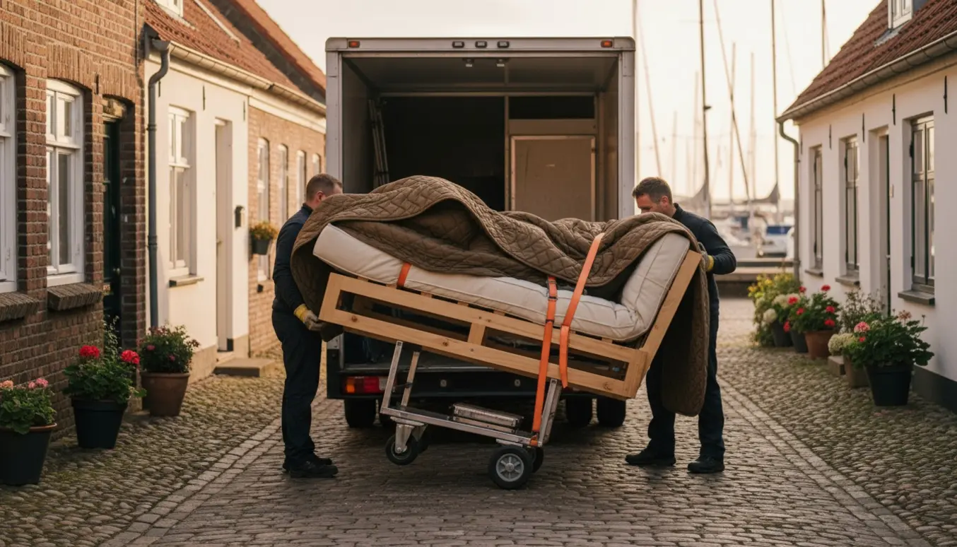 En futonseng i flyttetæpper læsses ind i en flyttevogn på en stille dansk kystvej.