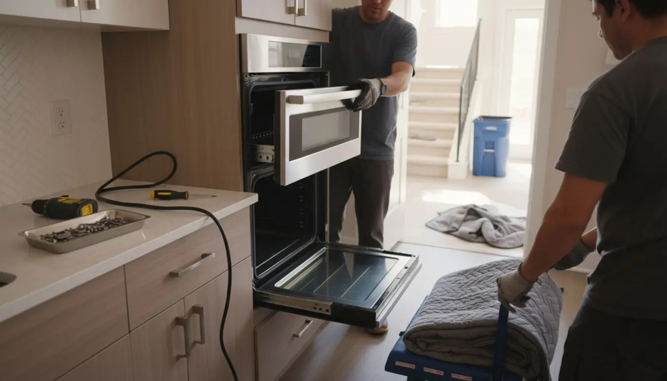 Defekt indbygningsovn trækkes ud af køkkenskab og løftes forsigtigt mod en rummelig trappeopgang.