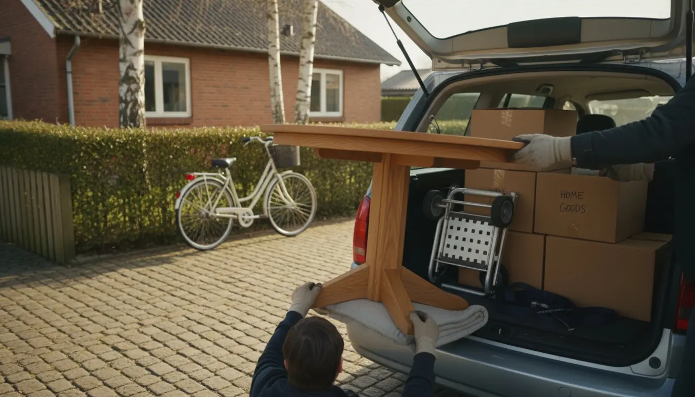 Et lille rundt træspisebord løftes ind i bagagerummet på en stationcar foran et parcelhus i Tune.
