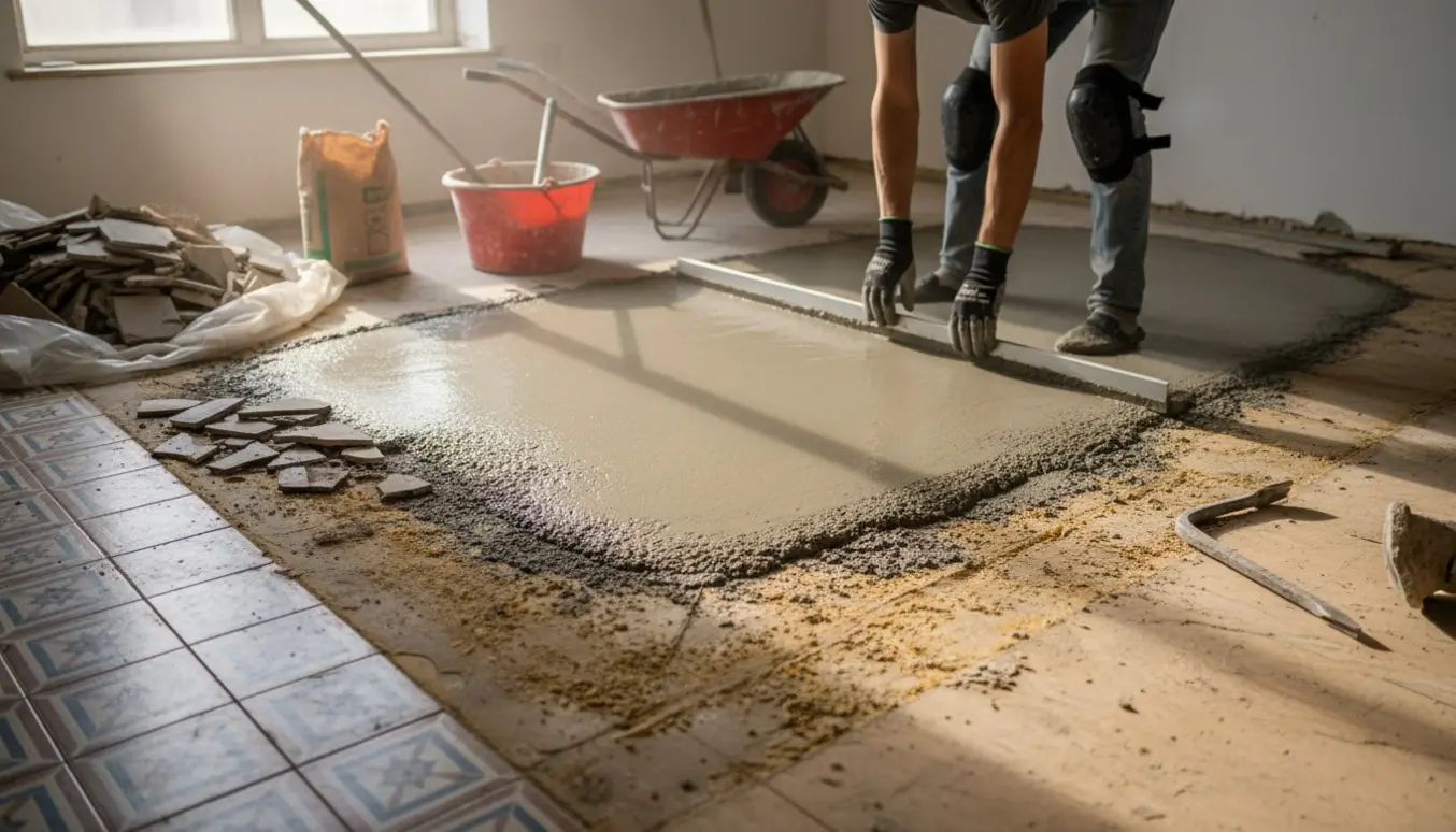 Mellemstort rum med fjernede fliser, hvor en håndværker glatter frisk beton ud med en screed.