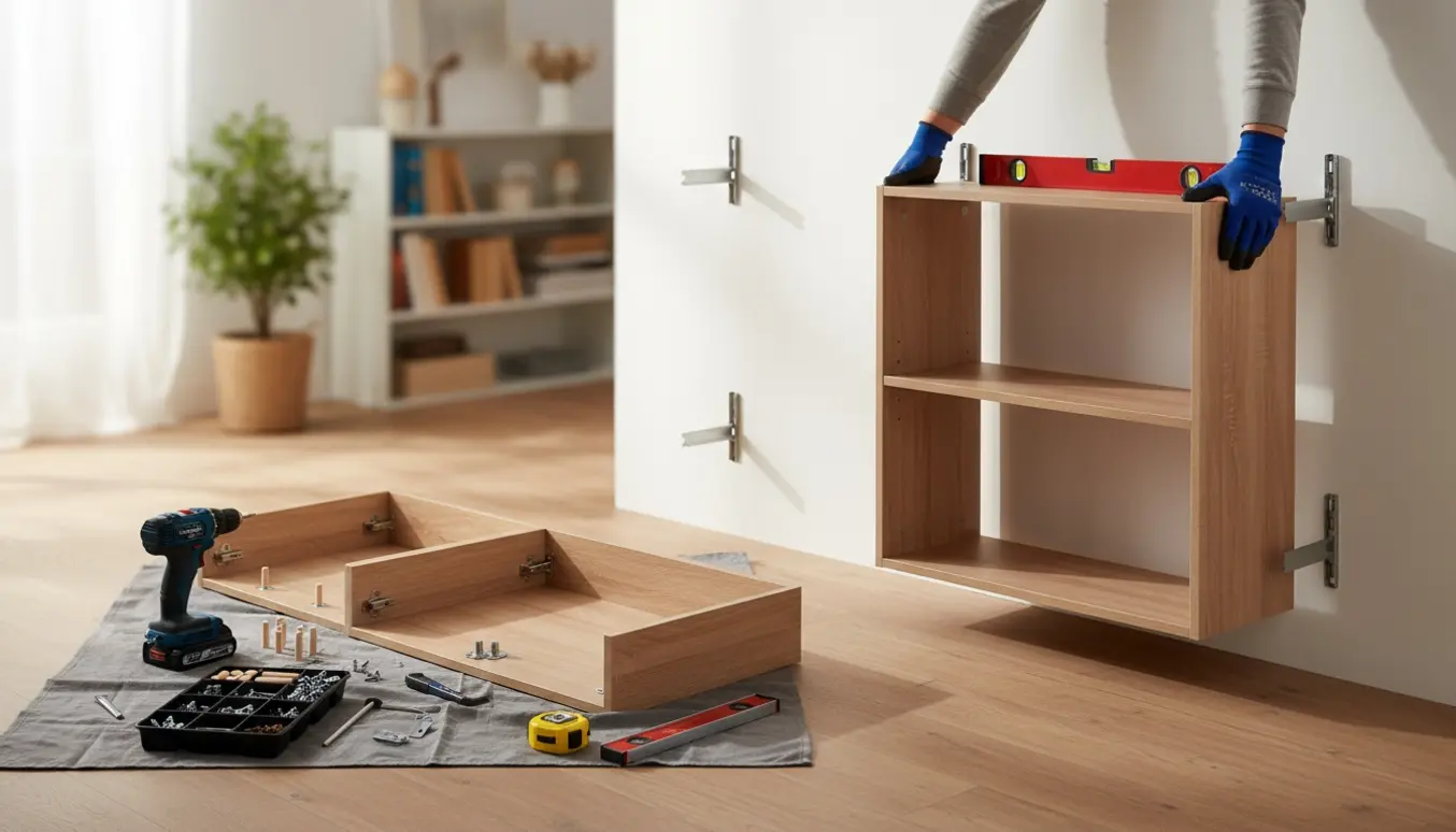 To smalle skabe på cirka 75 cm bliver samlet og monteret på en væg, omgivet af værktøj og monteringsdele.