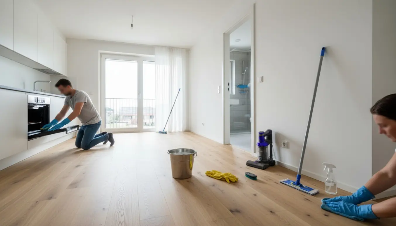 Tom moderne lejlighed med rengøringsredskaber og handsker, der pudser vindue, ovn og brusekabine ved flytterengøring.