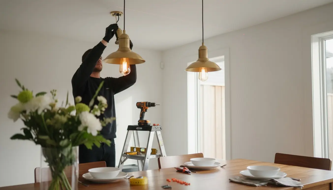 To pendellamper monteres over et spisebord, med værktøj og hænder i fokus uden synlige ansigter.