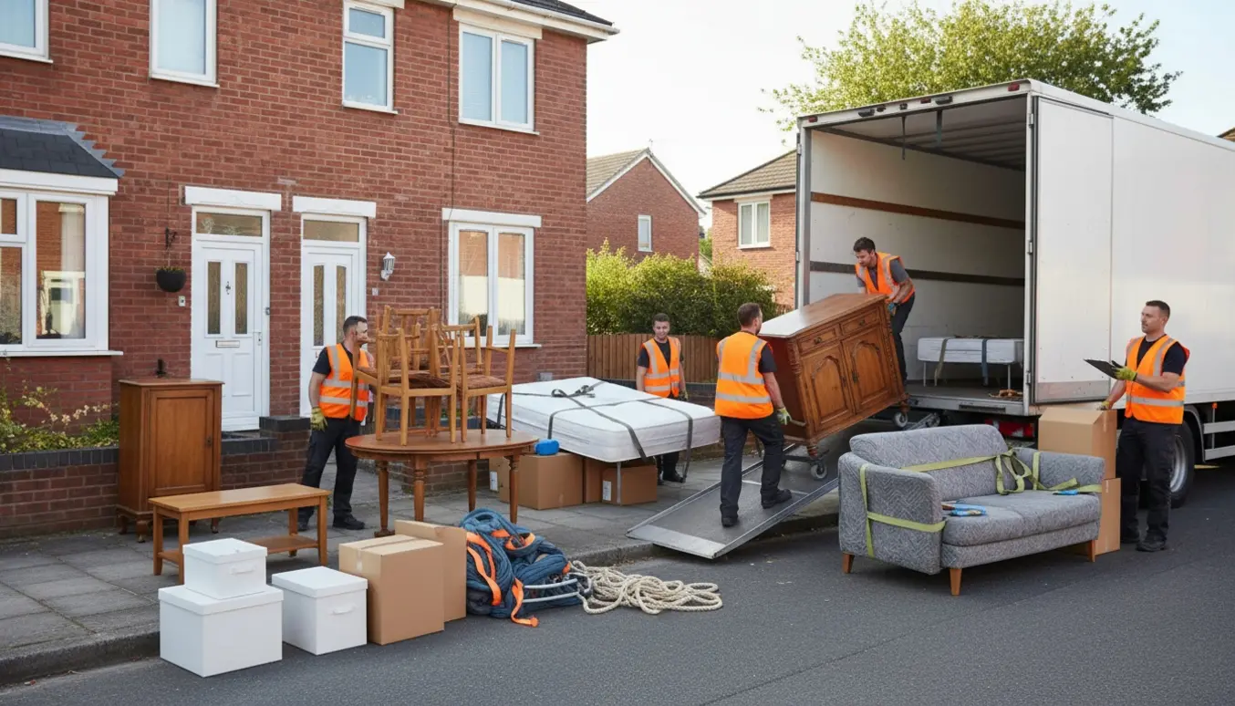 Professionelle flyttemænd læsser møbler og beskyttelsesudstyr ind i en flyttebil foran rækkehuse.
