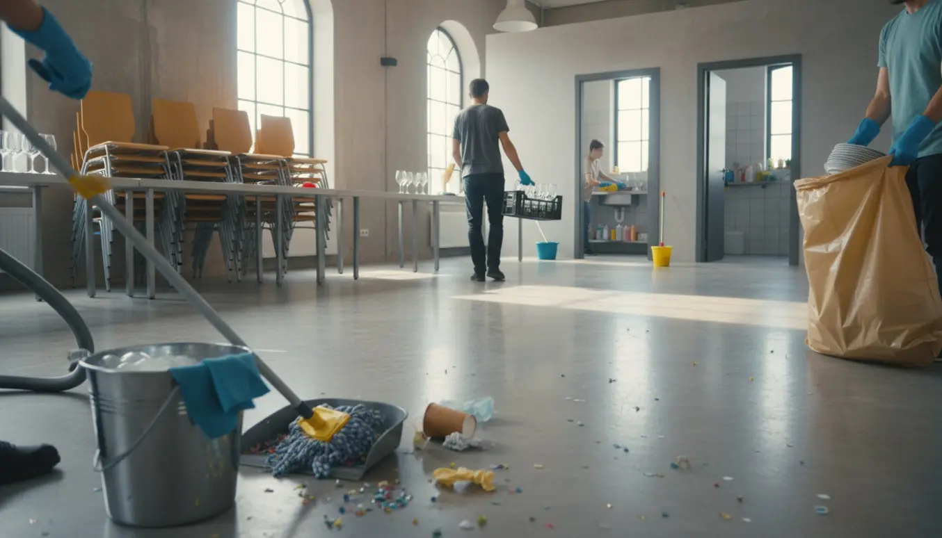 Rengøringsperson rydder op i et festlokale med moppe, spand og rengøringsmidler efter en fest.