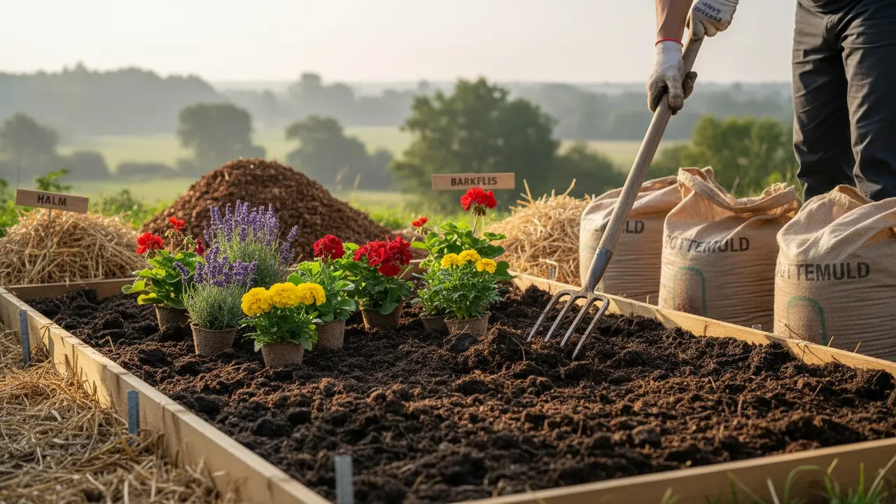 Haveejer løsner jord til et bed med pottemuld, barkflis og trækant