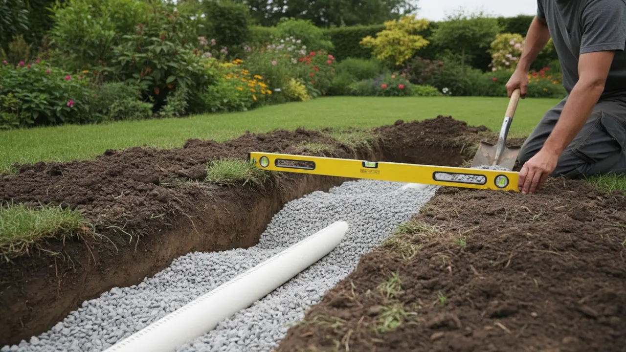 Grøft til dræn med PVC-rør lagt på grus og person med vaterpas