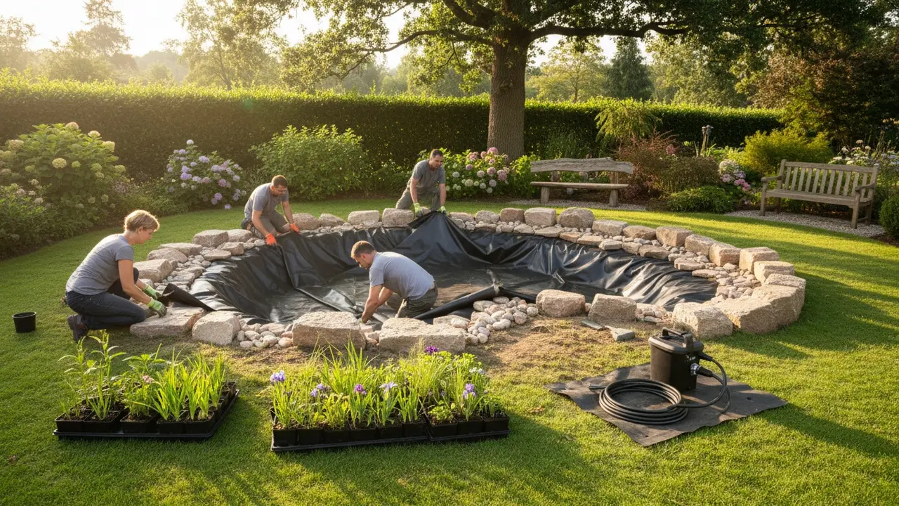 Udgravning og installation af havedam med folie, sten og vandplanter