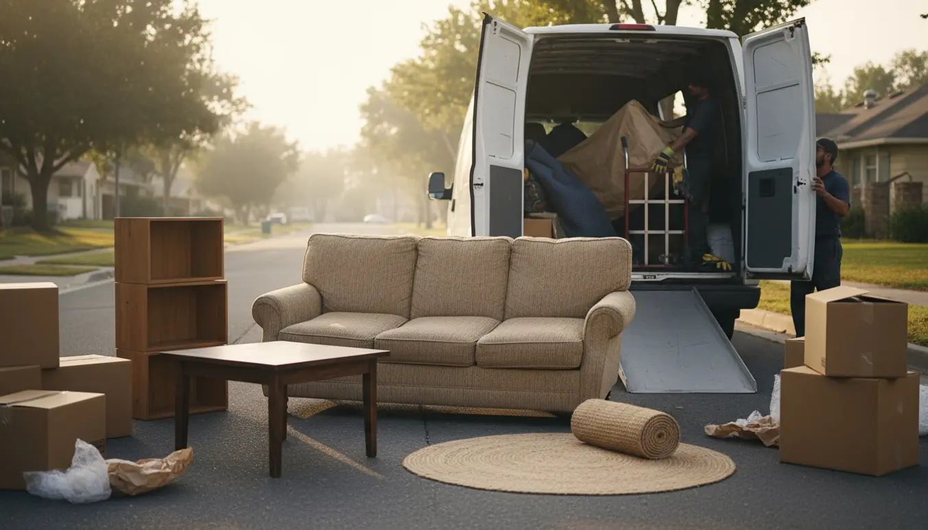 Sofa, sofabord, rullet gulvtæppe og små hylder læsset ind i en kassevogn klar til bortskaffelse.