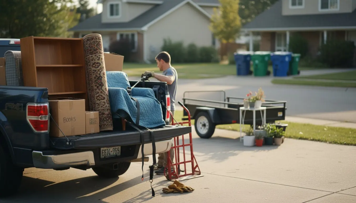 Pickup lastet med bøger, møbler og kasser klar til aflevering på genbrugspladsen.