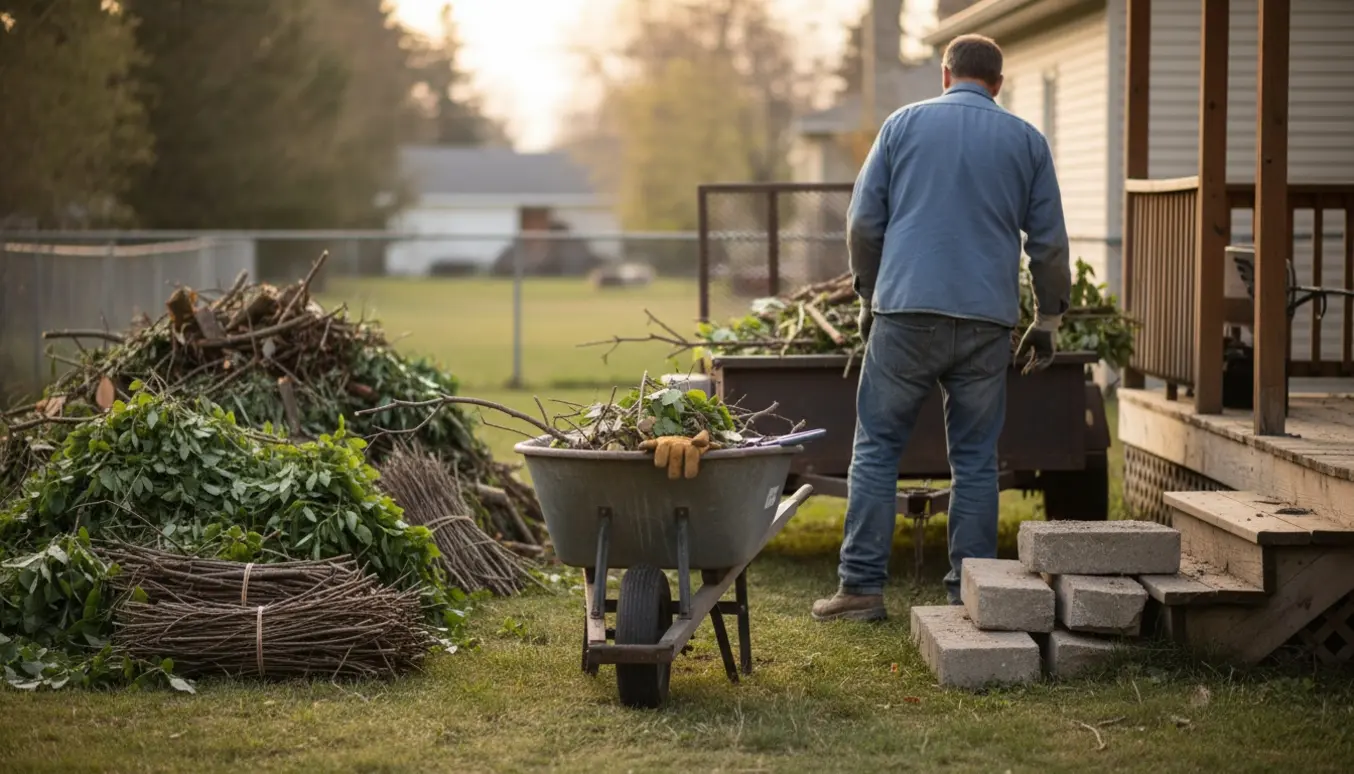 Haveaffald og små betonstykker læsses i en trailer i en solrig baghave.