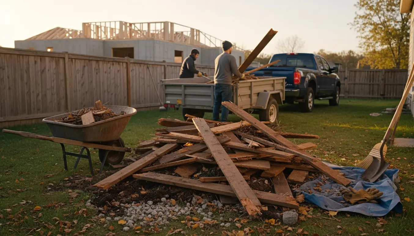 Affald fra et nedrevet træskur læsses i trailer i en baghave ved nyt byggeri.