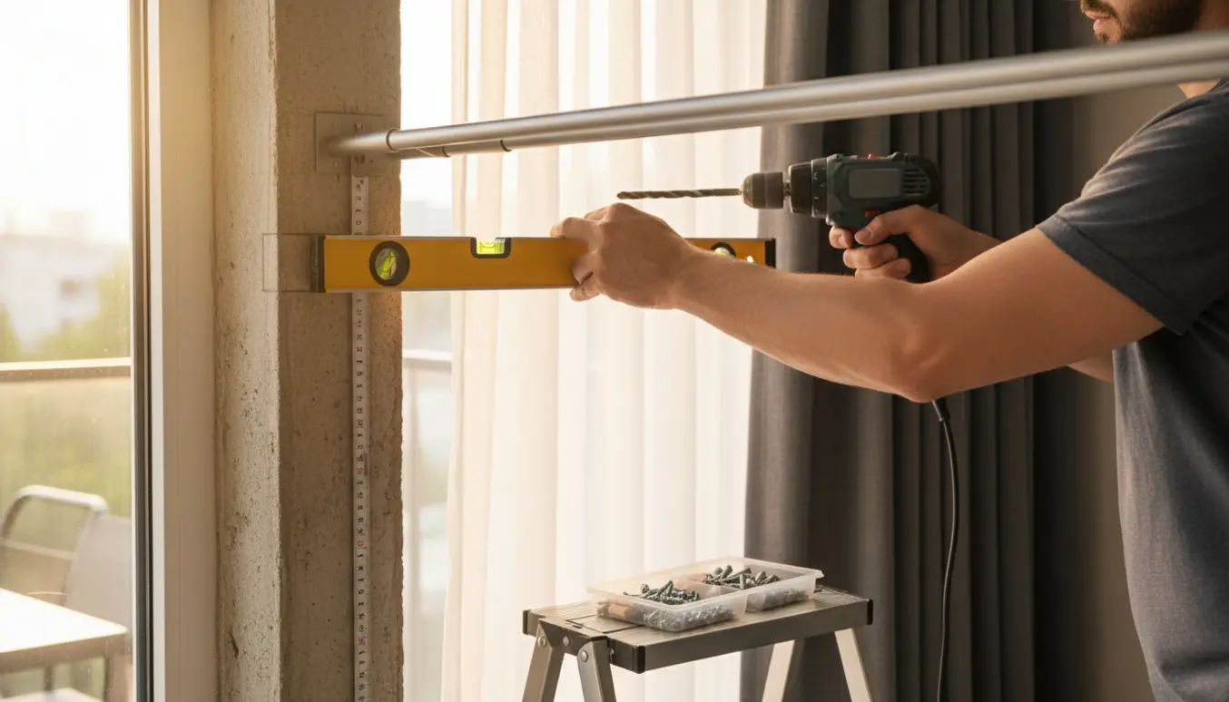 Nærbillede af hænder, der monterer to dobbelte gardinstænger på en altan med boremaskine, vaterpas og to lag gardiner.