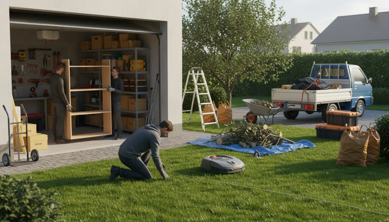 Åben garage og have under oprydning med fladpakkede reoler, robotplæneklipper, beskårede grene og trailer klar til aflevering.