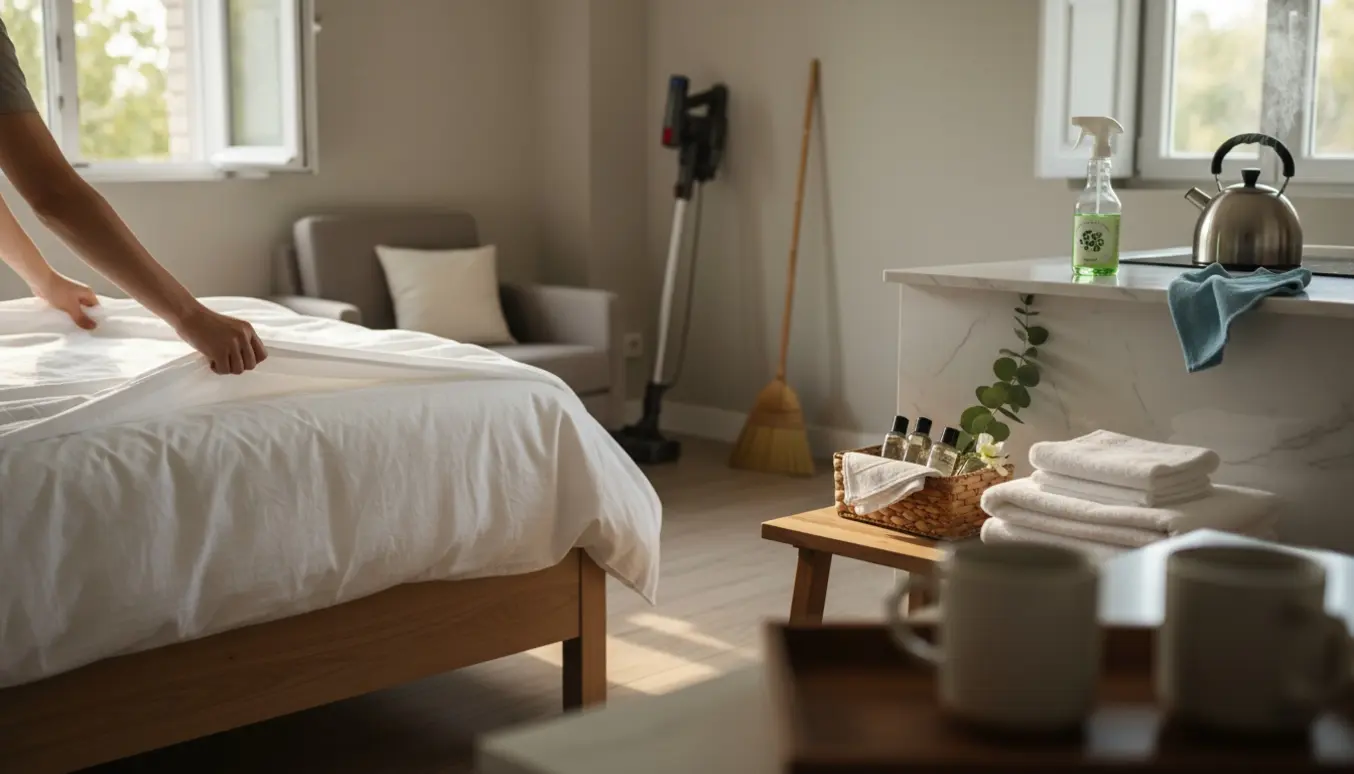 Solrigt, nyopryddet Airbnb-interiør med foldede håndklæder, en velkomstkurv og hænder, der glatter lagner.