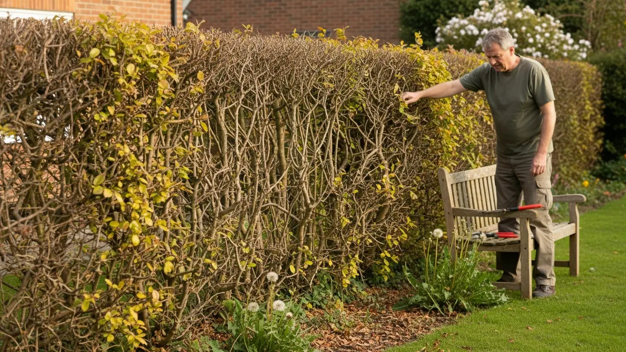 Tynd, trist hæk med gule blade og huller, en person inspicerer den.