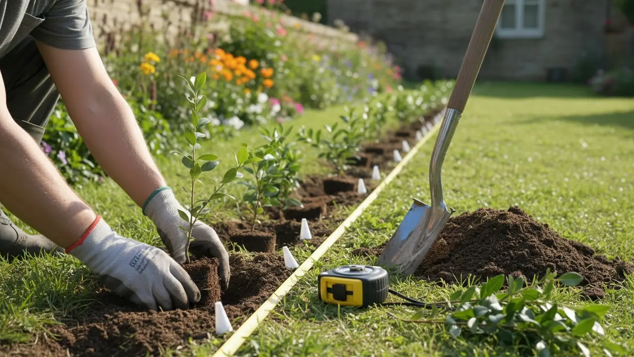 Unge hækplanter i række med cirka 30–40 cm afstand, håndplantning under udførsel.