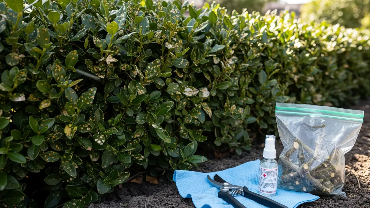 Nærbillede af svampeangreb på hækblade med desinficerede beskæringsværktøjer og aflukkede kviste.