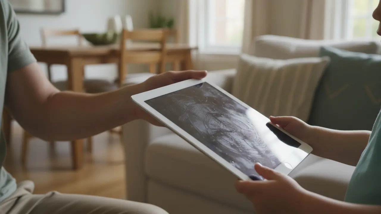 Barn afleverer en iPad med synlige fedtfingre på skærmen