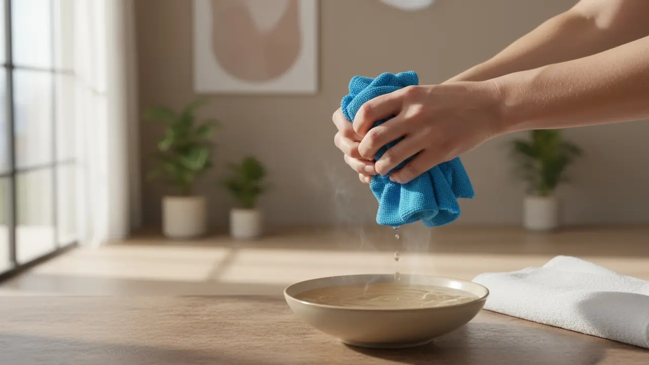 Person vredet en mikrofiberklud op i varmt vand i en lille skål