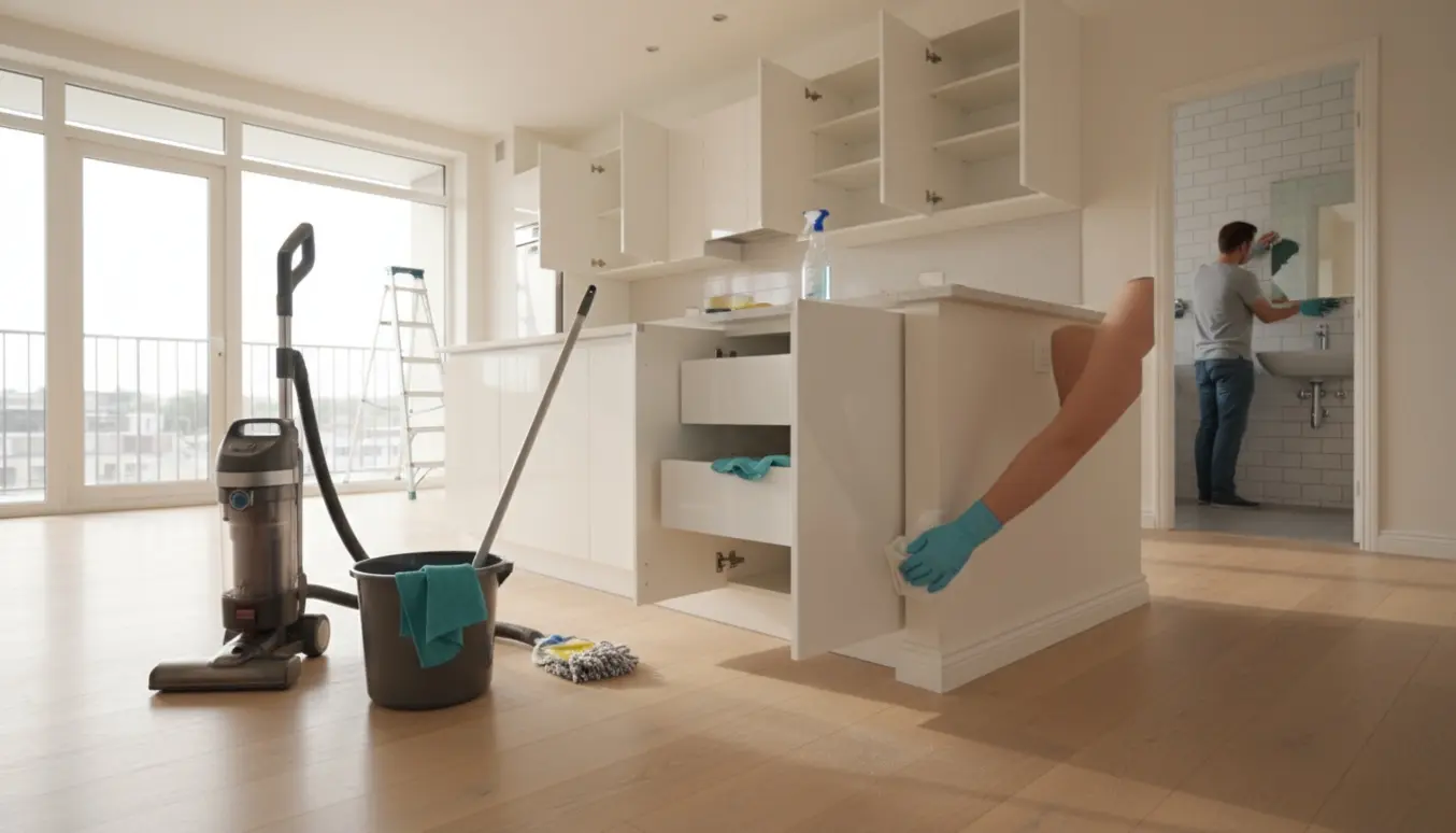 Soloplyst lejlighed med rengøringsudstyr, åbne skabe og en person, der pudser fodpaneler uden synligt ansigt.