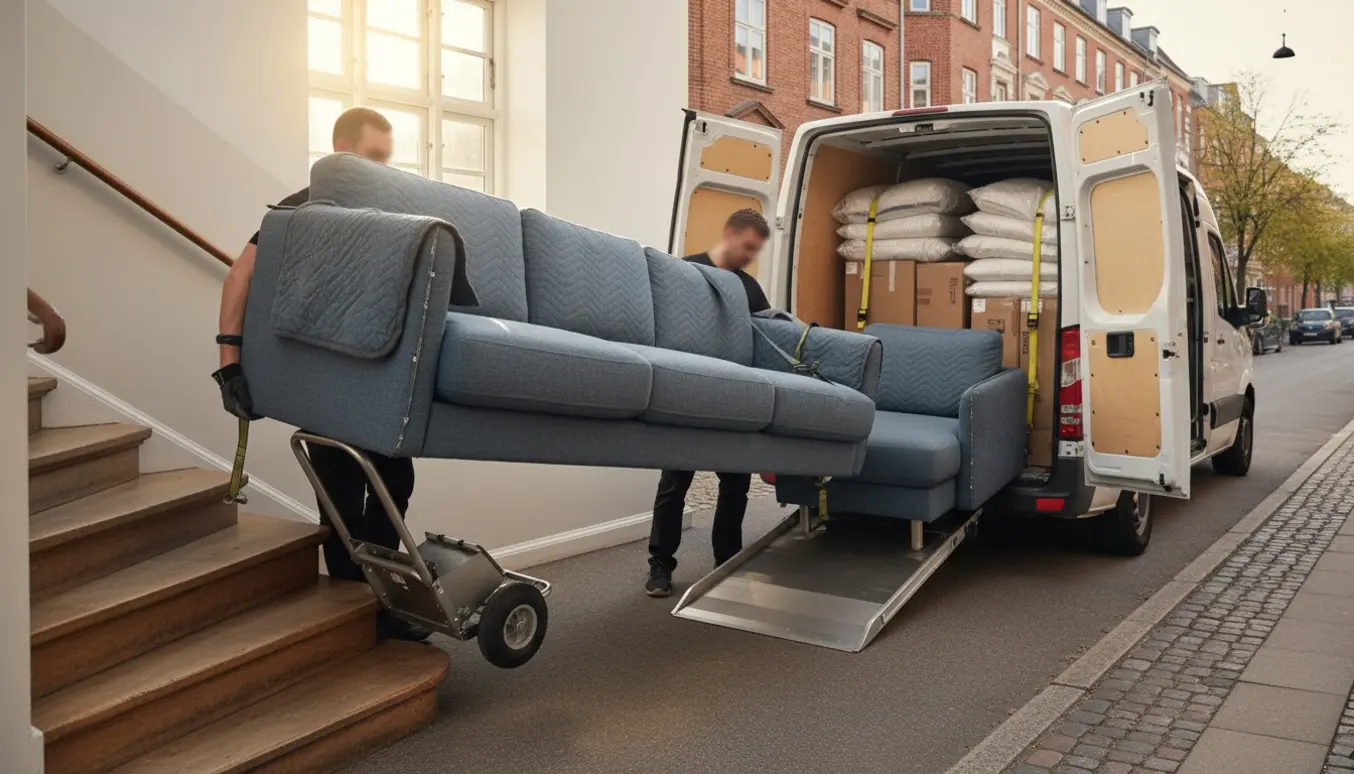 To flyttekasser og to personer bærer en IKEA Söderhamn sofa ned ad en trappe, mens en chaiselong bliver læsset i en flyttevogn på en rolig københavnsk gade.