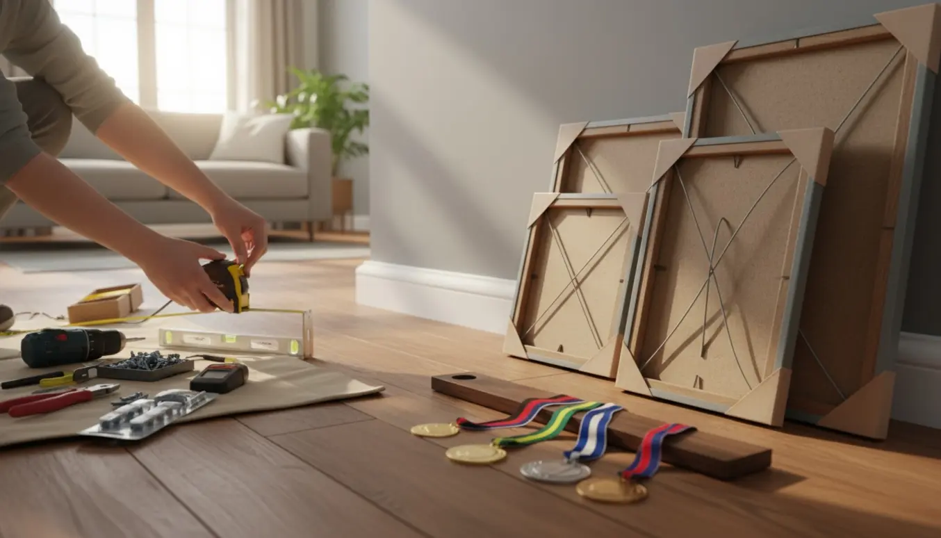 Nærbillede af hænder, der opmærker en væg med målebånd og vaterpas for at hænge billeder og montere en medaljeholder.