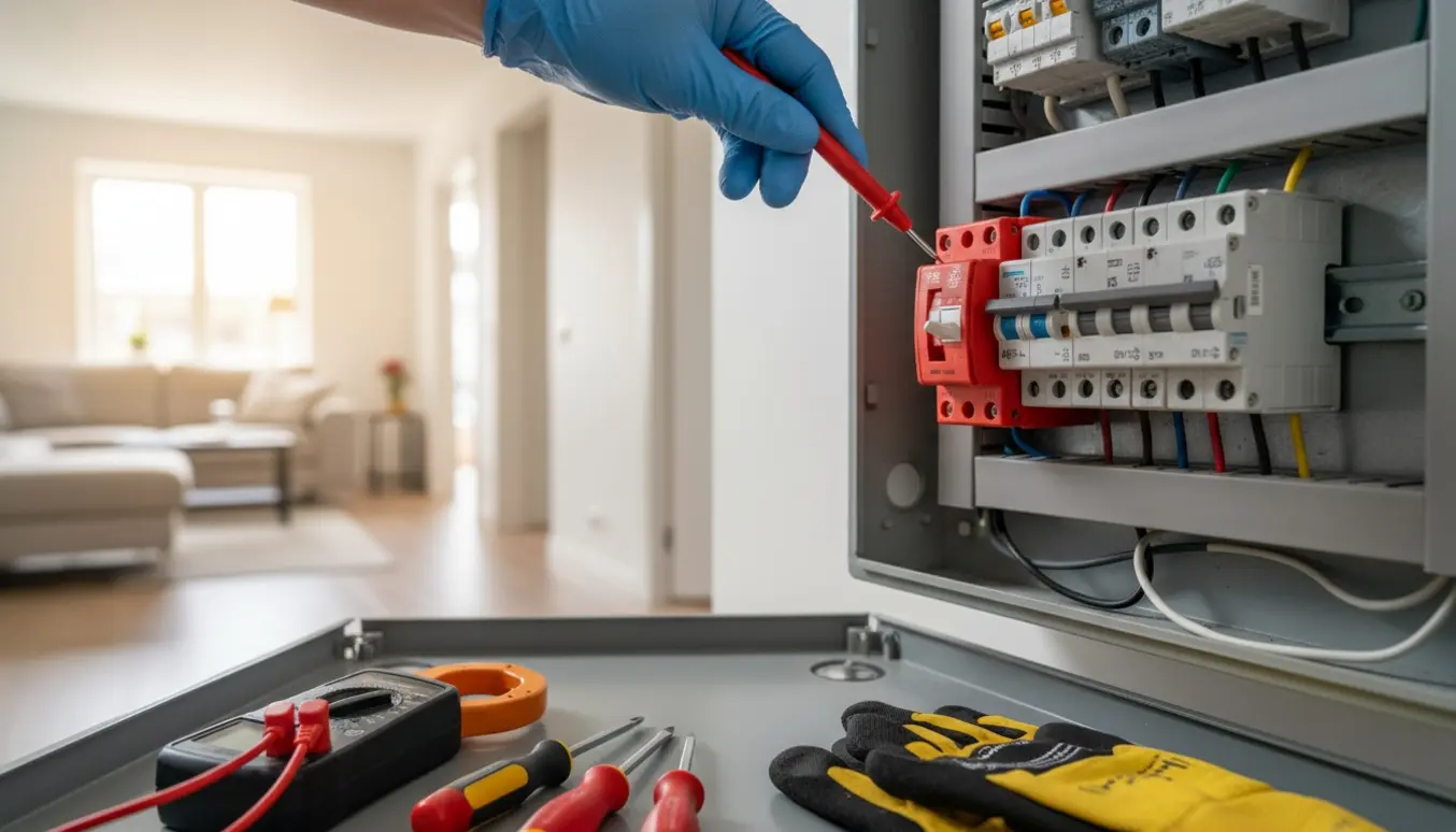 Åben el-tavle med HPFI-relæ, en handske-klædt hånd tester med multimeter, og en sløret stue i baggrunden.