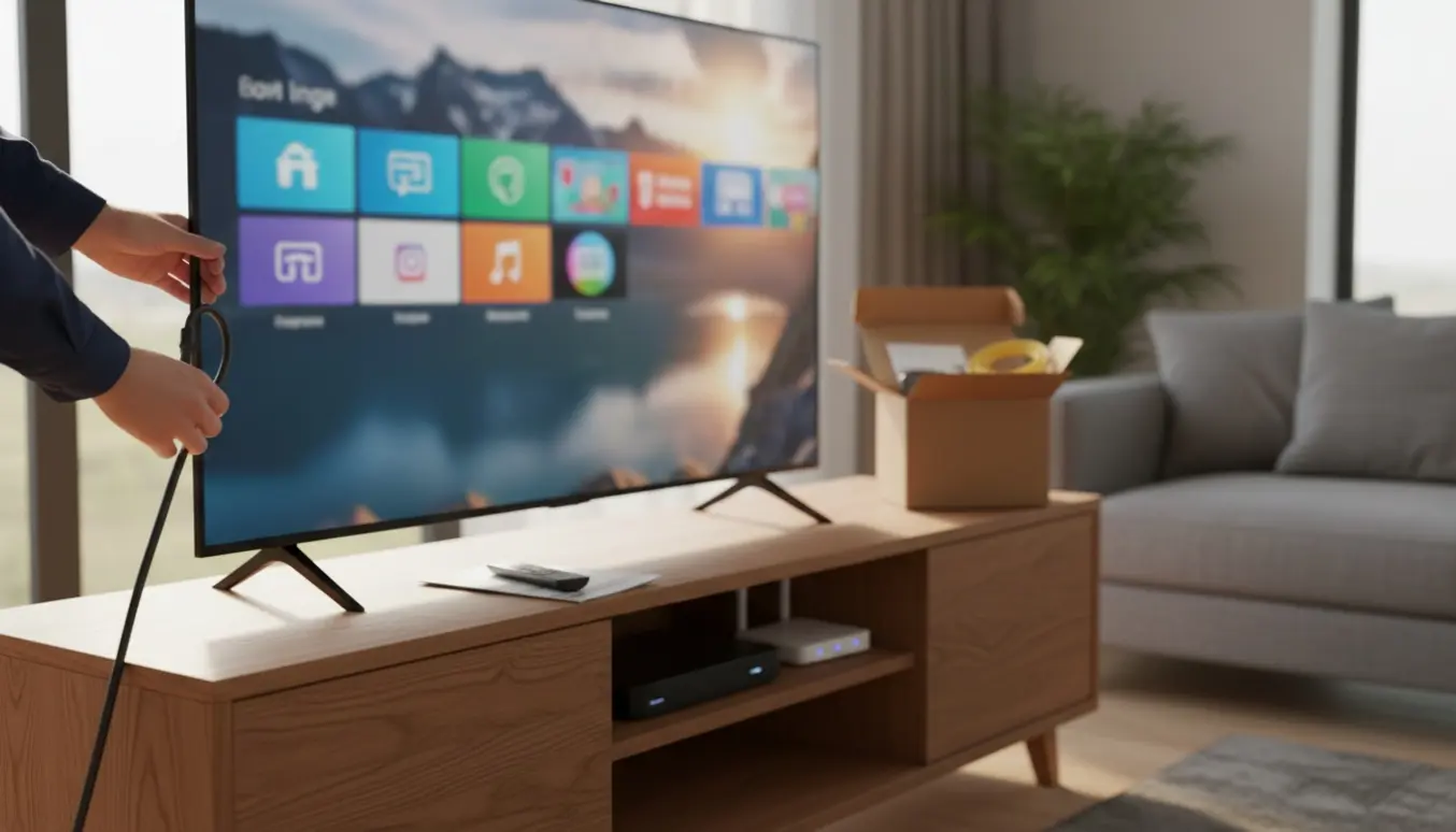 Hænder tilslutter HDMI-kabel til et stort 65-tommer TV i en lys stue med set-top-boks og router.