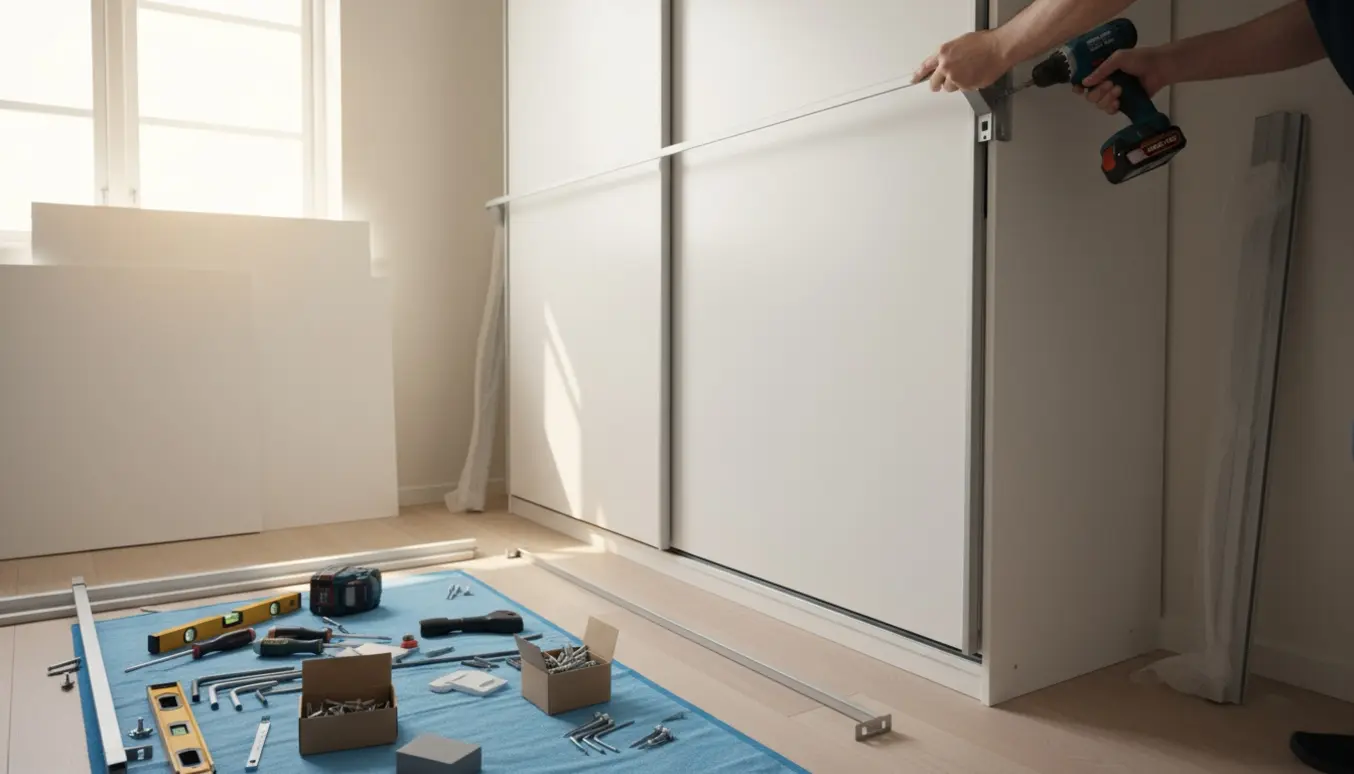 Hænder monterer og fastgør et stort hvidt garderobeskab med skydelåger i et lyst soveværelse.