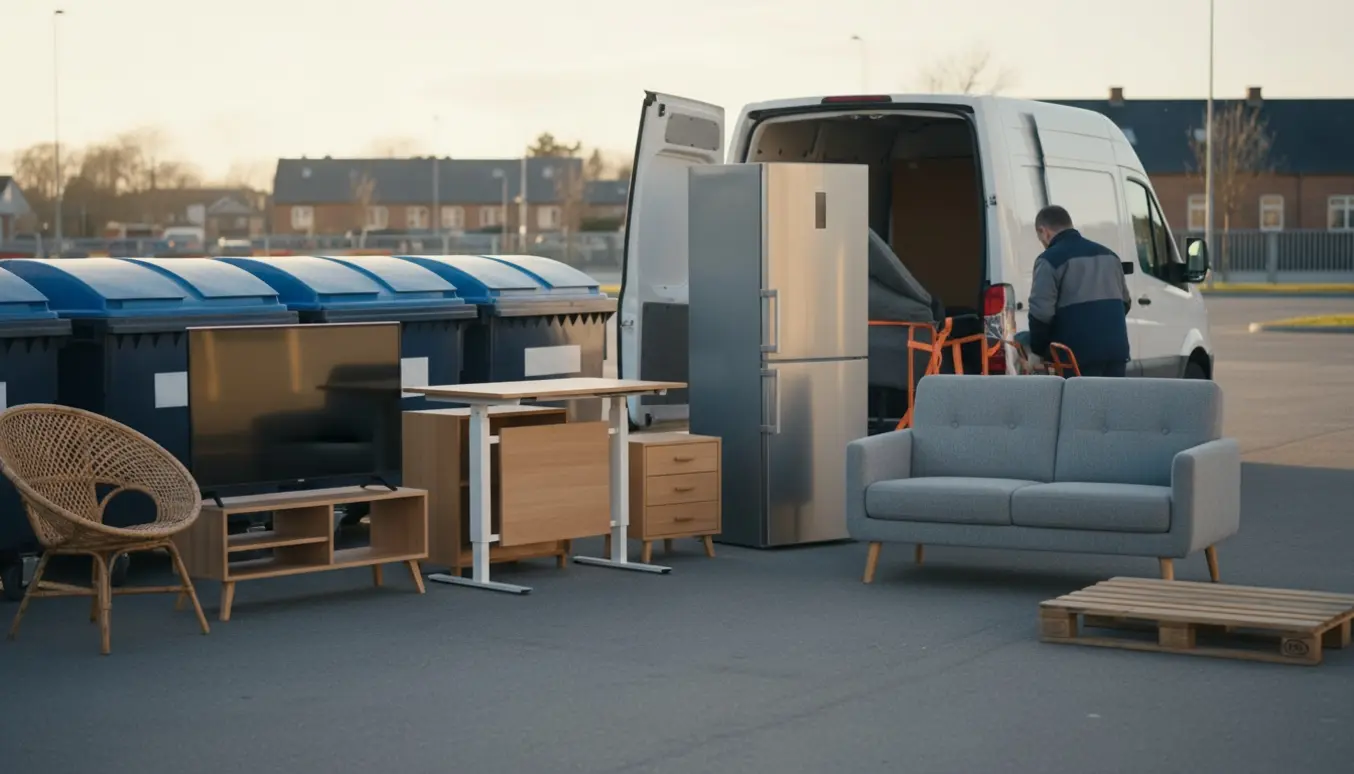 Åben varebil ved genbrugsplads med møbler klar til aflevering, uden tydelige ansigter eller skilte.