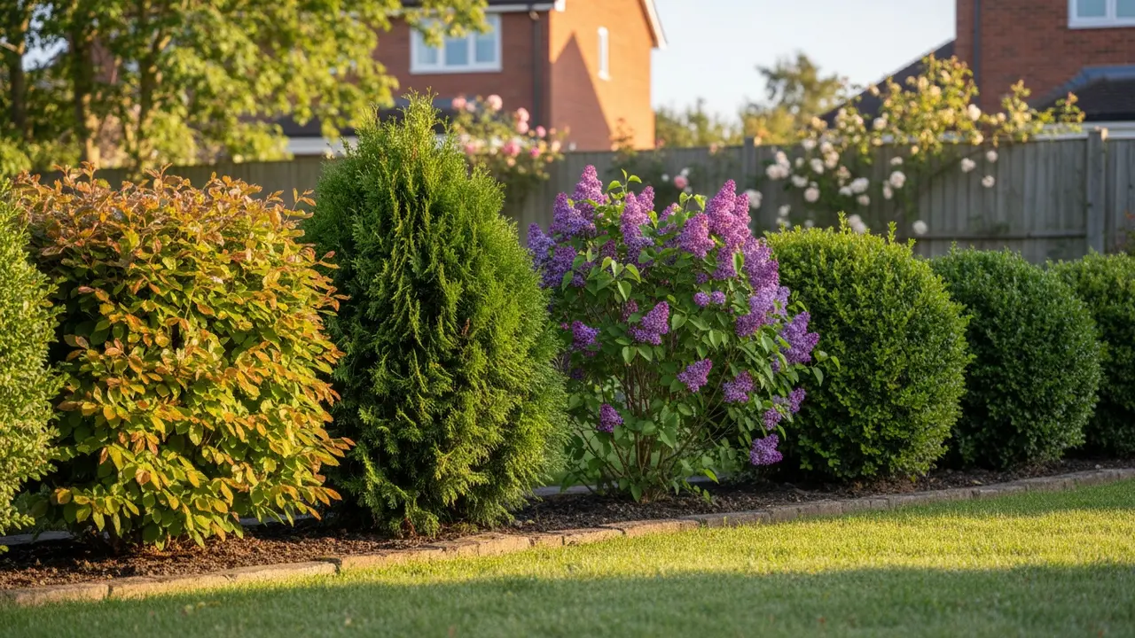 Forskellige hæktyper side om side i en have, både løvfældende og stedsegrønne