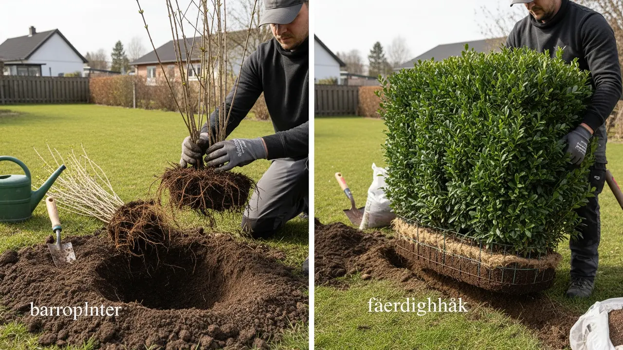 Sammenligning af barrod (nøgne rødder) til venstre og færdighæk (etableret) til højre