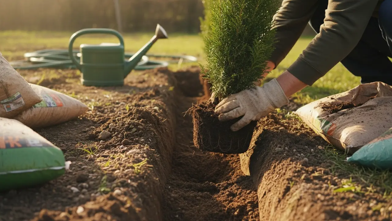 Plantehåndtering i rende: rødderne rettes ud og jorden fyldes omkring planten